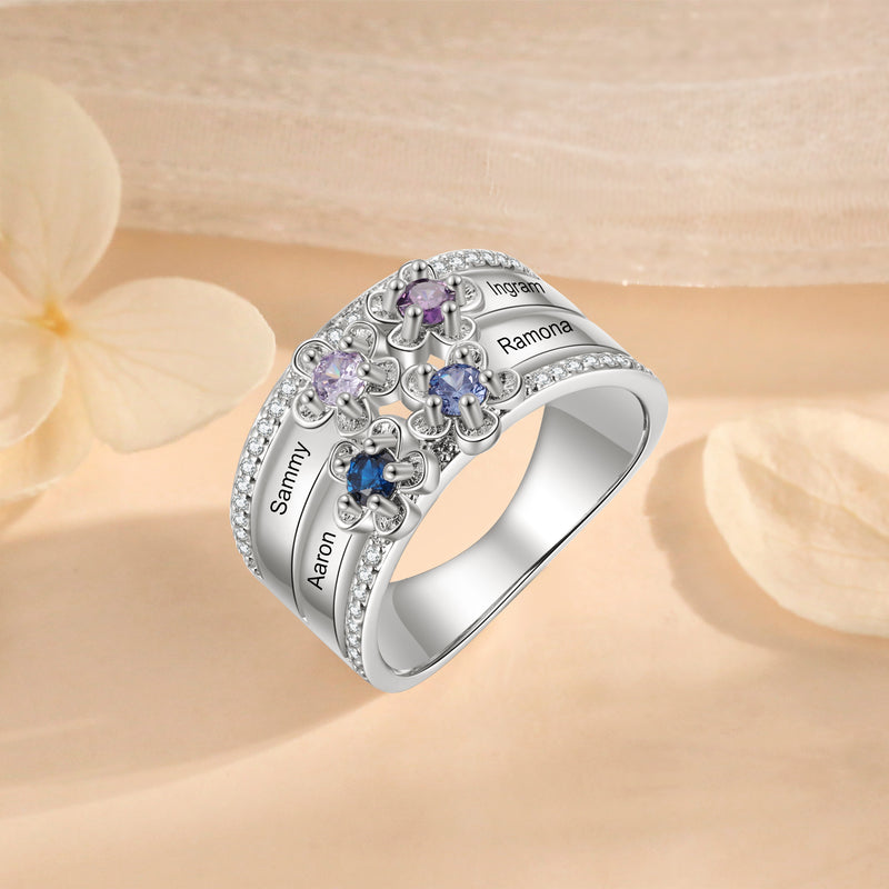 Flower Birthstone Engraved Family Ring
