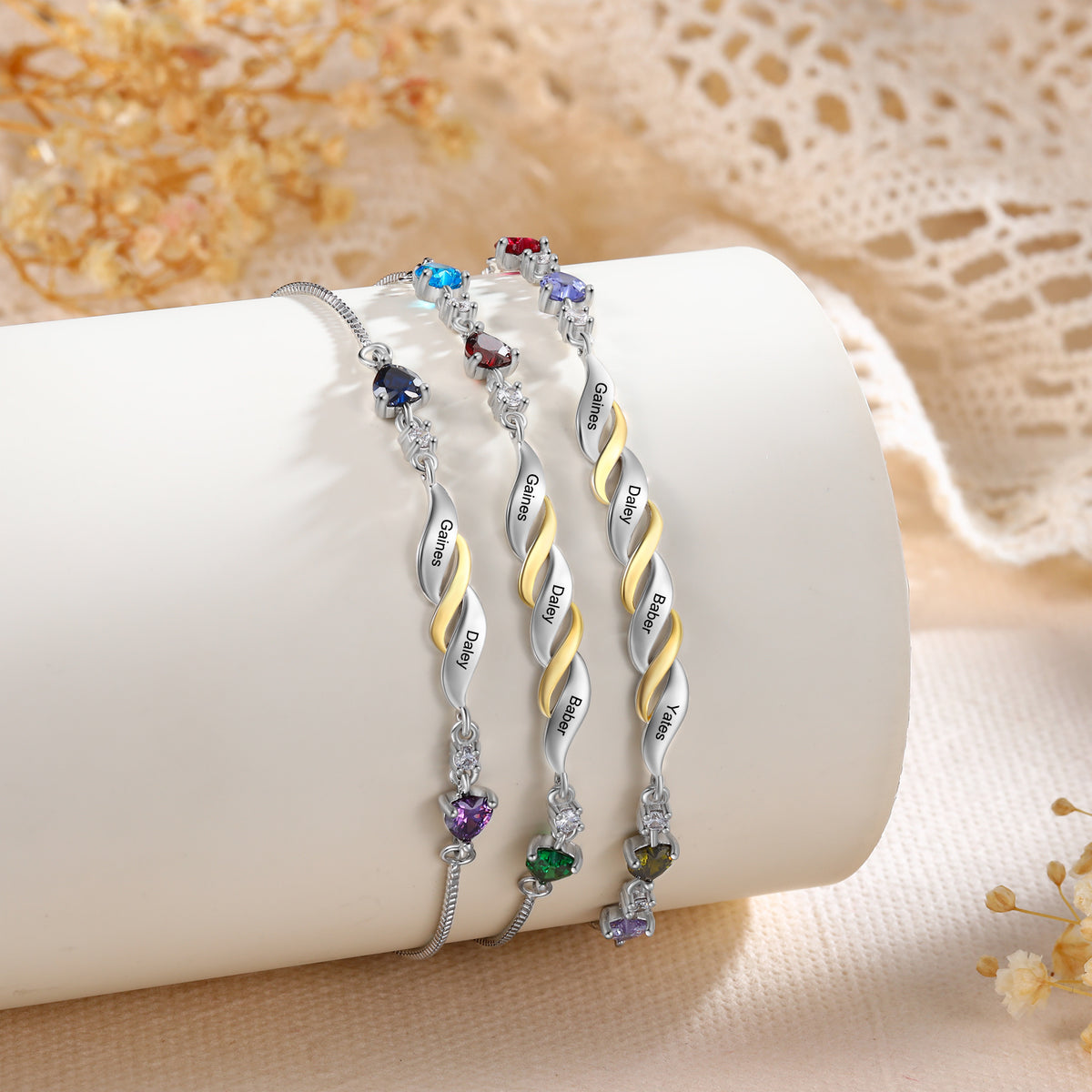 Twisted Birthstone Engraved Name Bracelet
