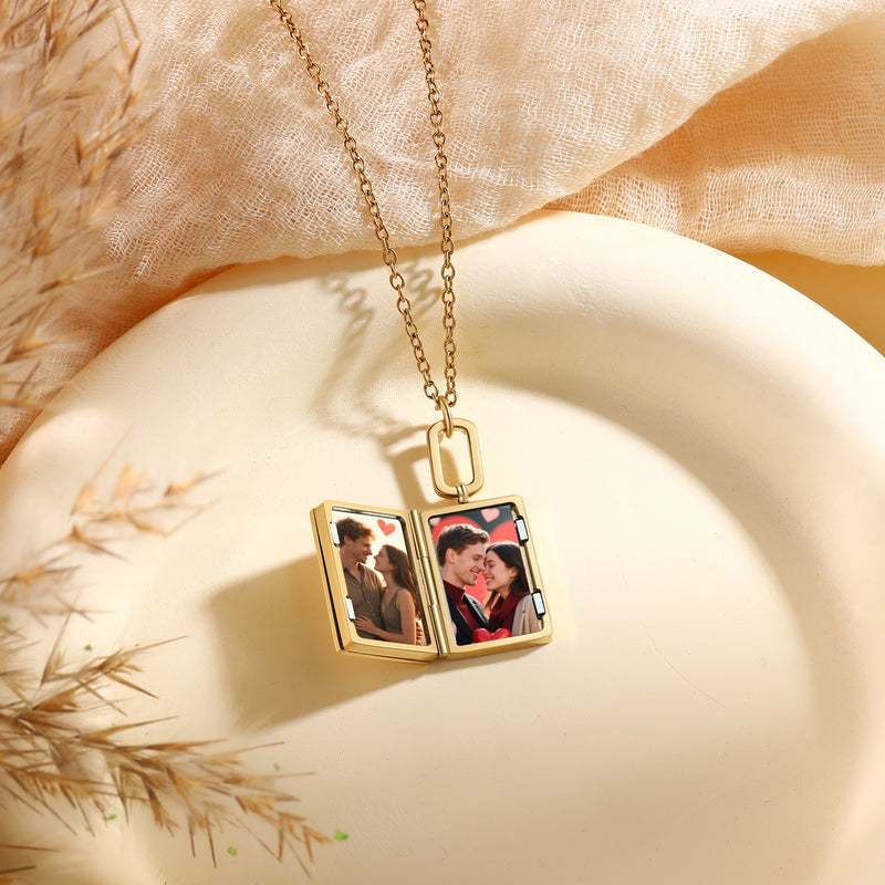 Rectangle Book Photo Locket Necklace
