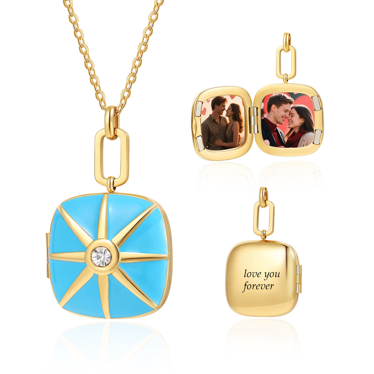 Blue Enamel Star Photo Locket Necklace
