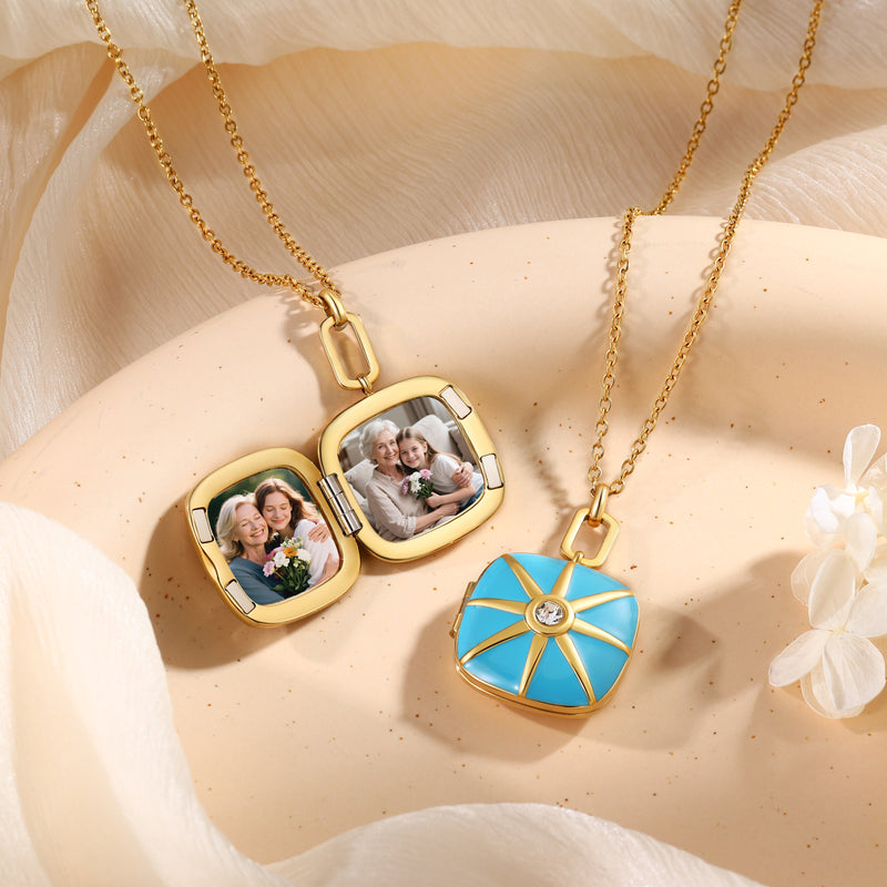 Blue Enamel Star Photo Locket Necklace
