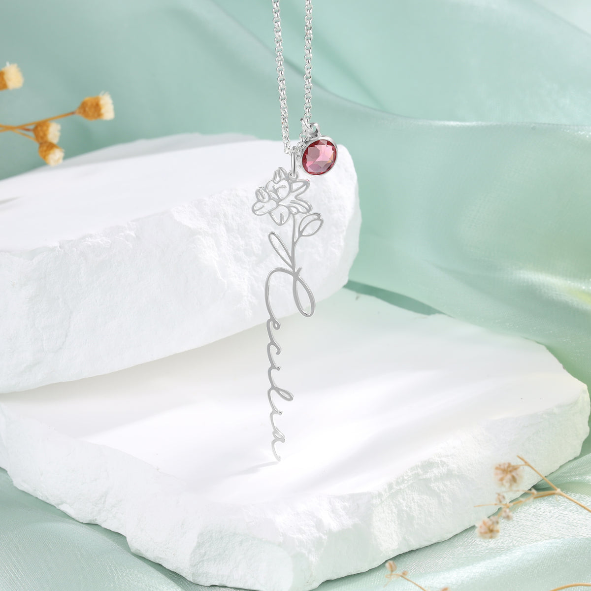Custom Birth Flower Name Necklace