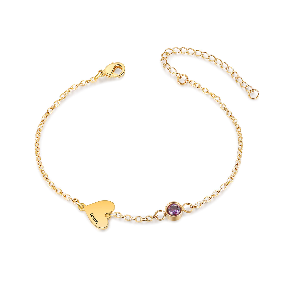 Gold Heart Name and Birthstone Chain Bracelet