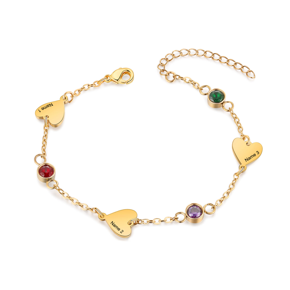 Gold Heart Name and Birthstone Chain Bracelet