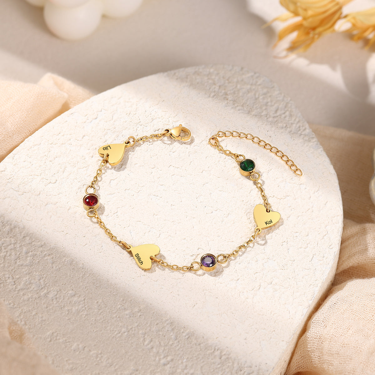 Gold Heart Name and Birthstone Chain Bracelet