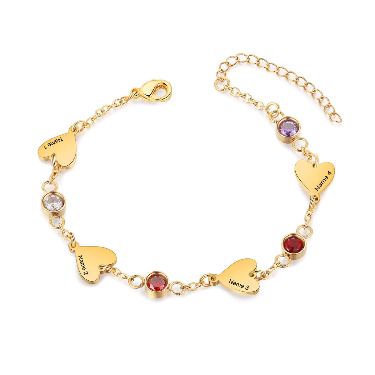 Gold Heart Name and Birthstone Chain Bracelet
