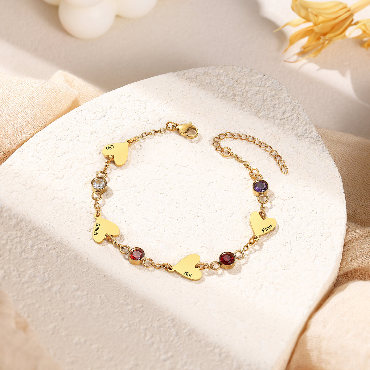 Gold Heart Name and Birthstone Chain Bracelet