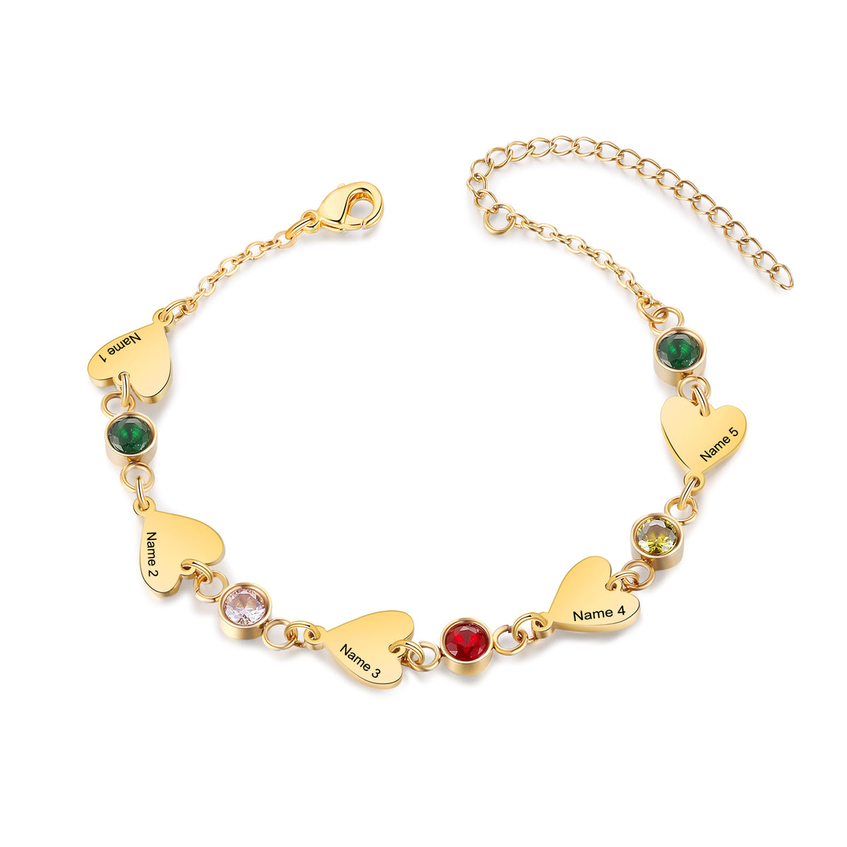Gold Heart Name and Birthstone Chain Bracelet