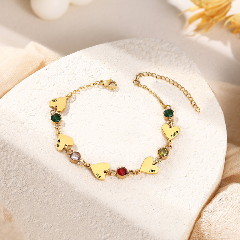 Gold Heart Name and Birthstone Chain Bracelet