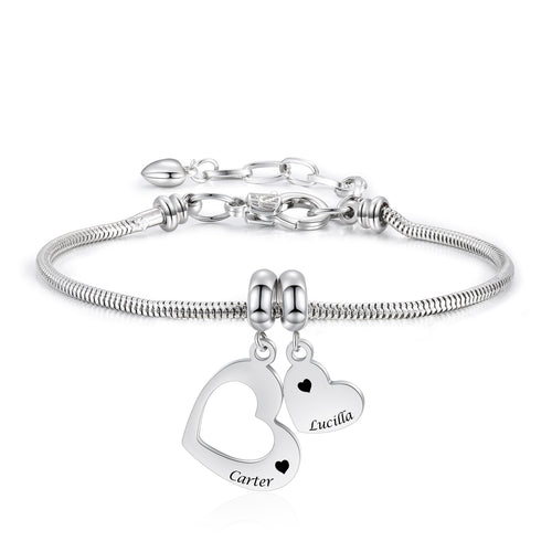 Engraved Double Heart Charm Bracelet