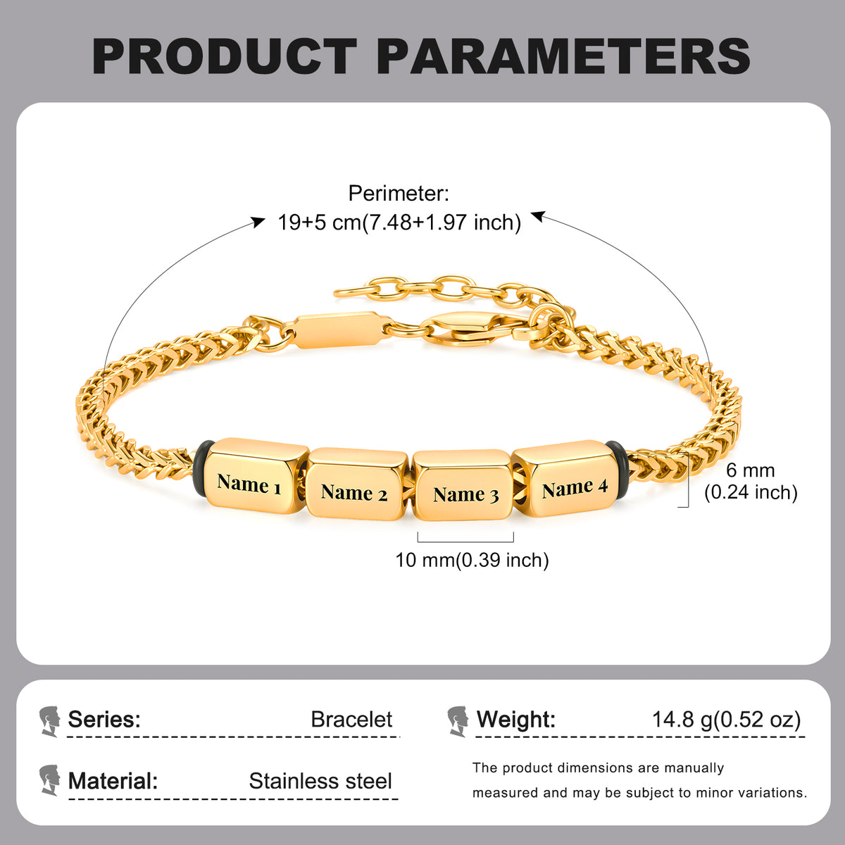 Stainless Steel Engraved Name Men's Bracelet size and option chart