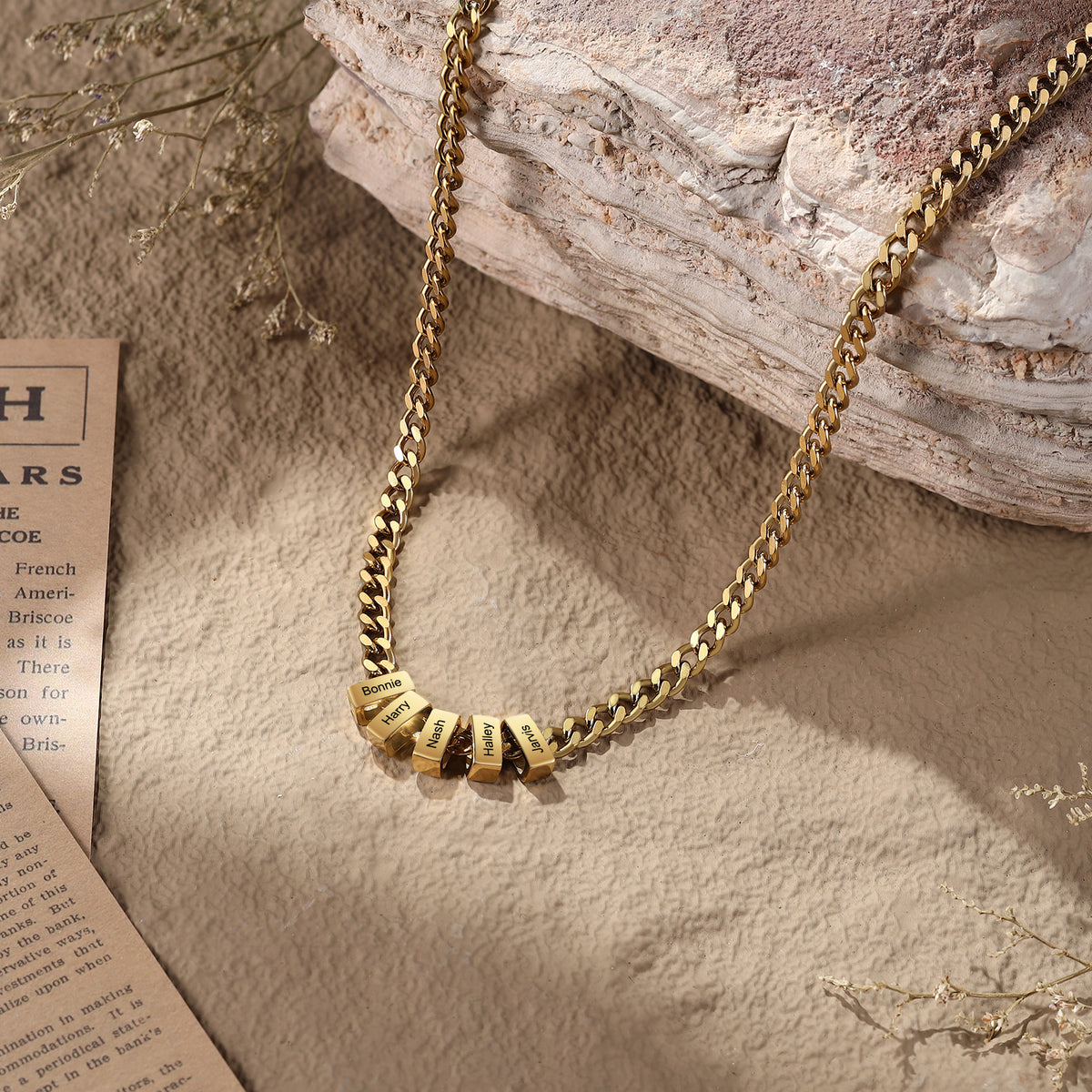 Men's Black Name Bead Curb Chain Necklace