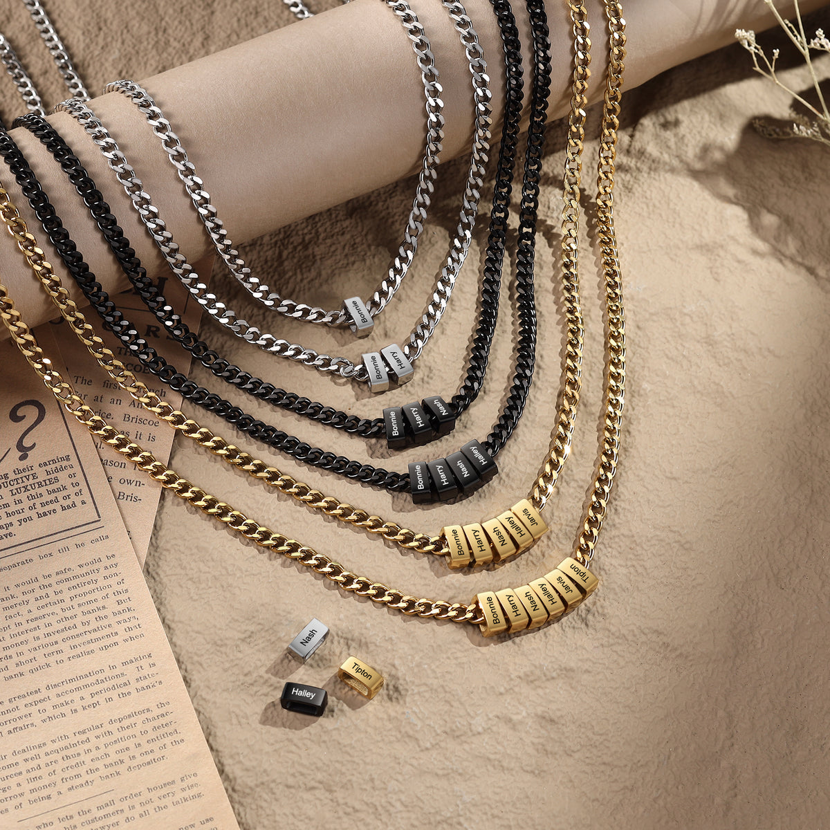 Men's Black Name Bead Curb Chain Necklace