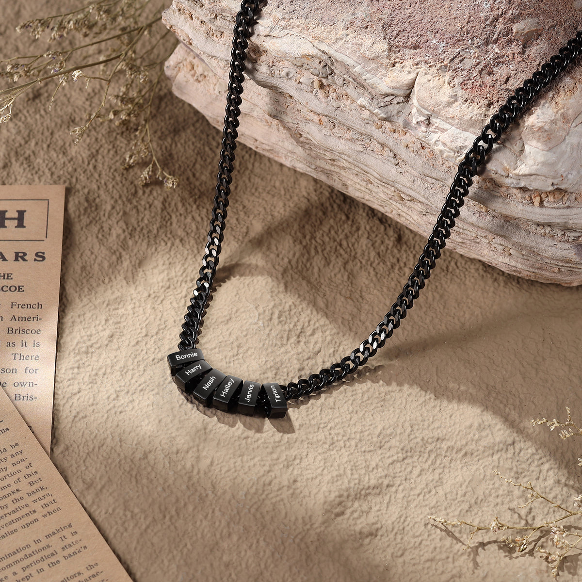 Men's Black Name Bead Curb Chain Necklace