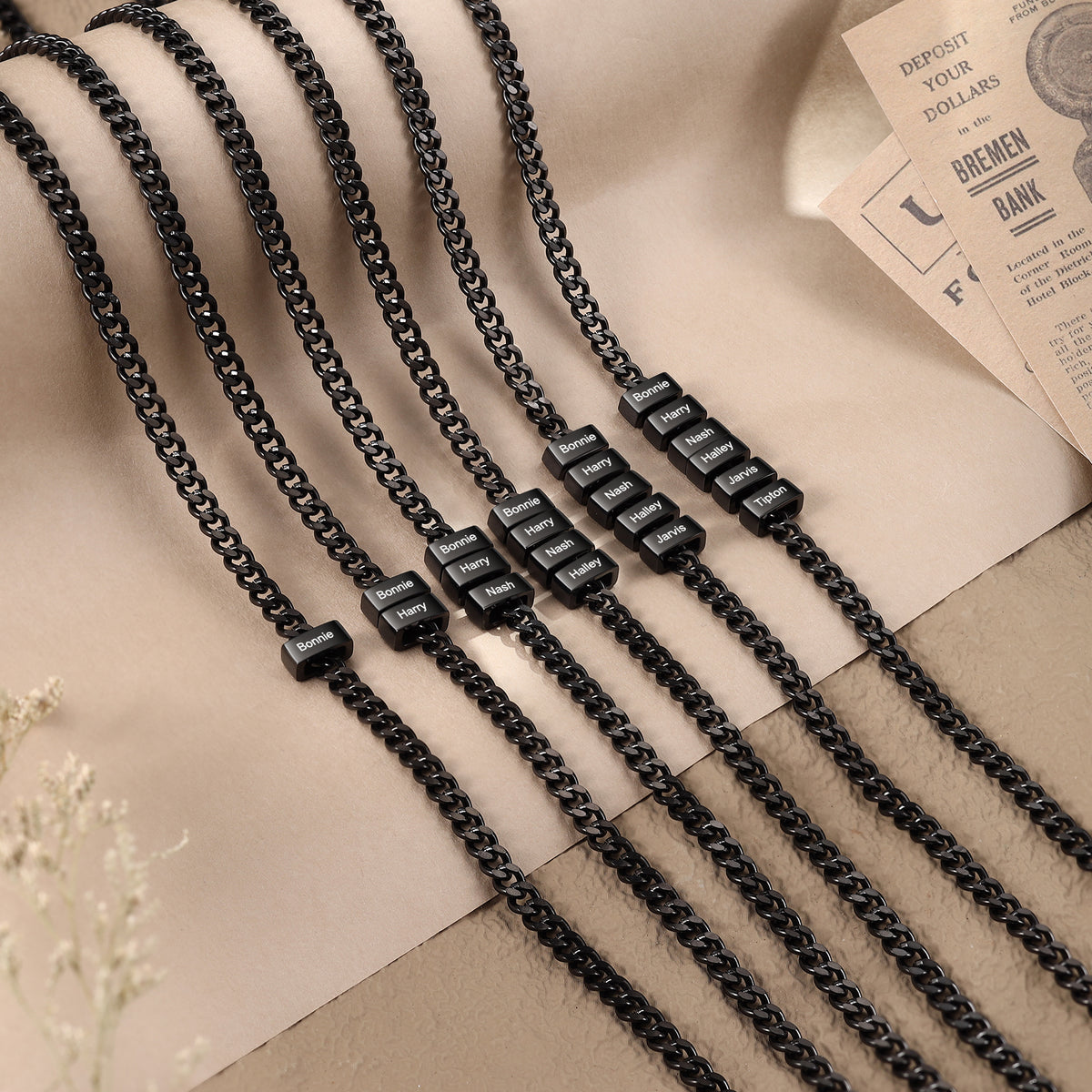 Men's Black Name Bead Curb Chain Necklace