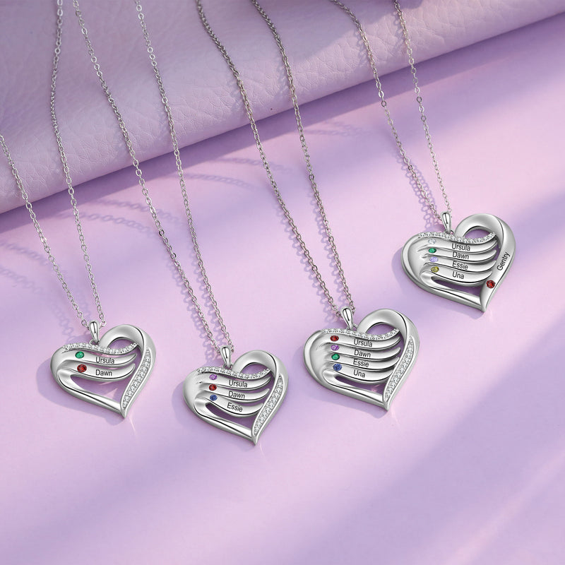 Sterling Silver Heart Wings Birthstone Name Necklace