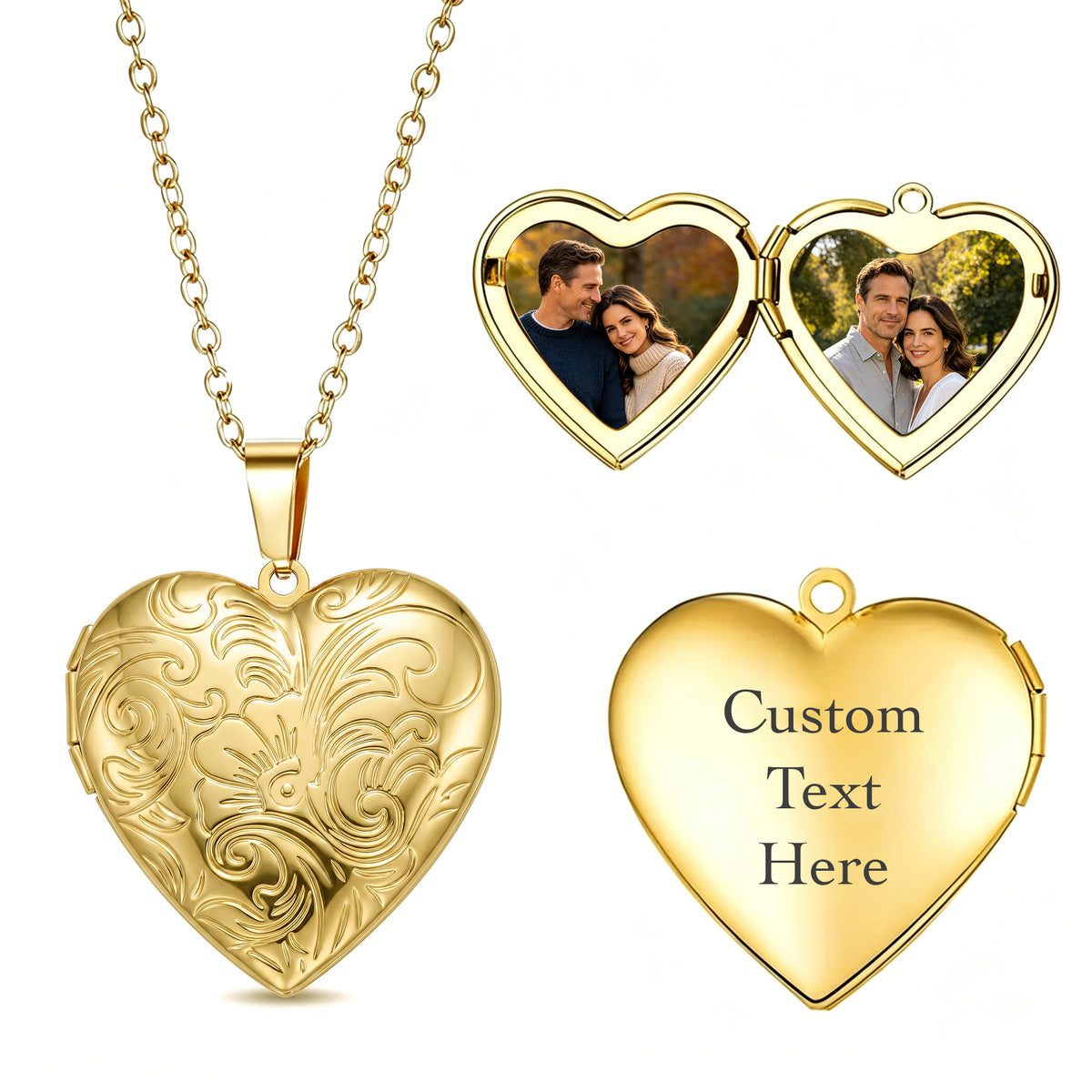 Custom Photo Heart-Patterned Locket Necklace