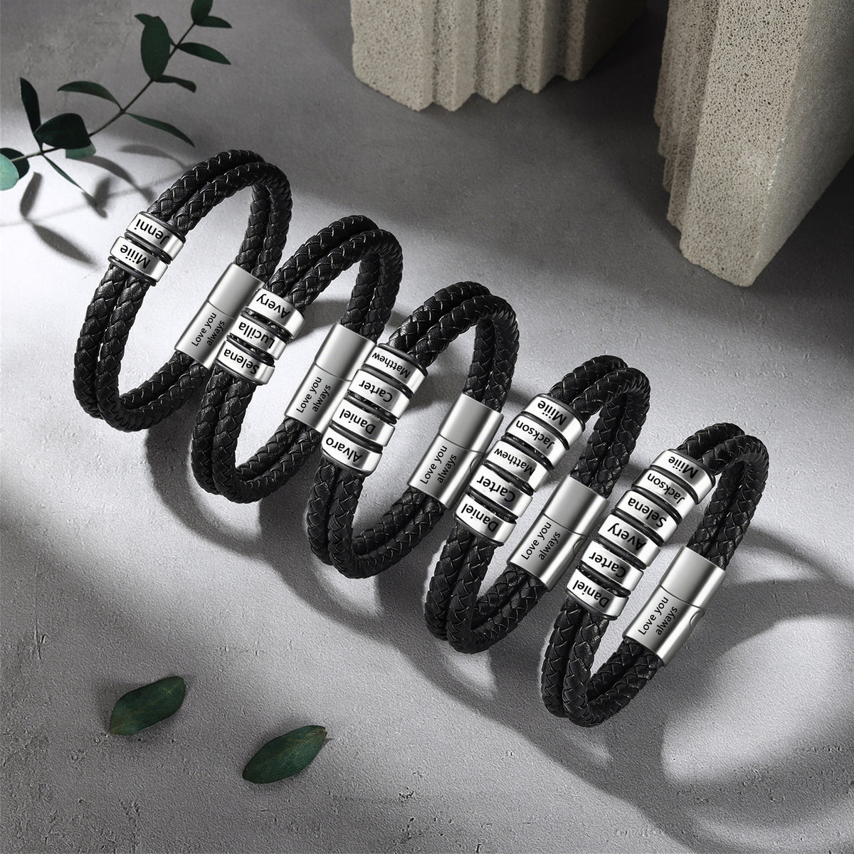 Men's Braided Leather Name Bead Bracelet