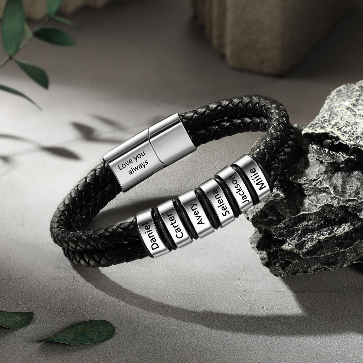 Men's Braided Leather Name Bead Bracelet