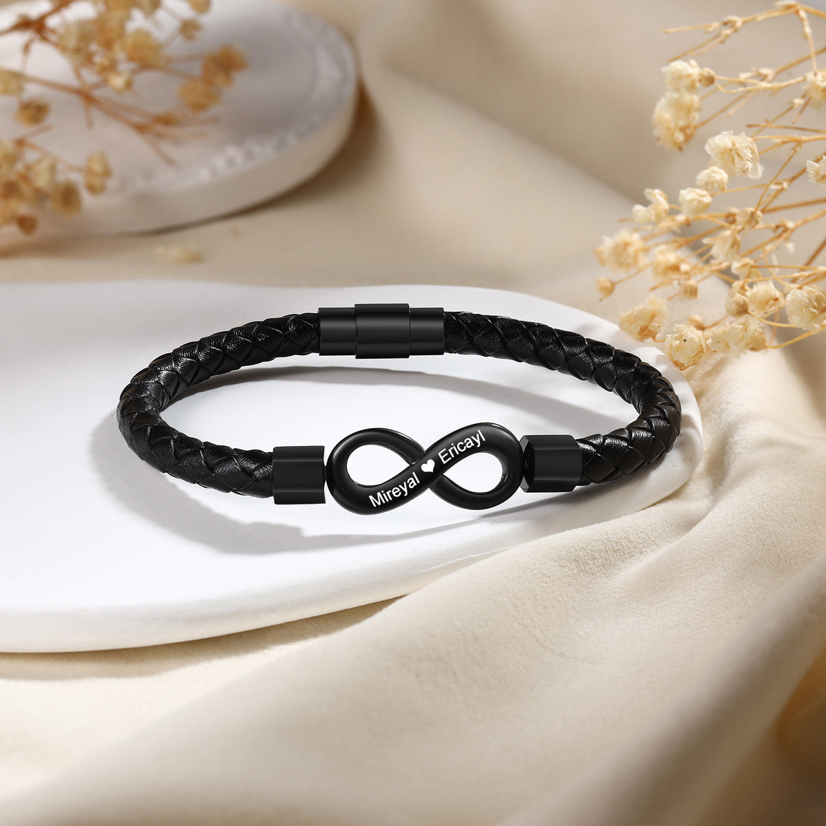 Men's Engraved Black Leather Bracelet