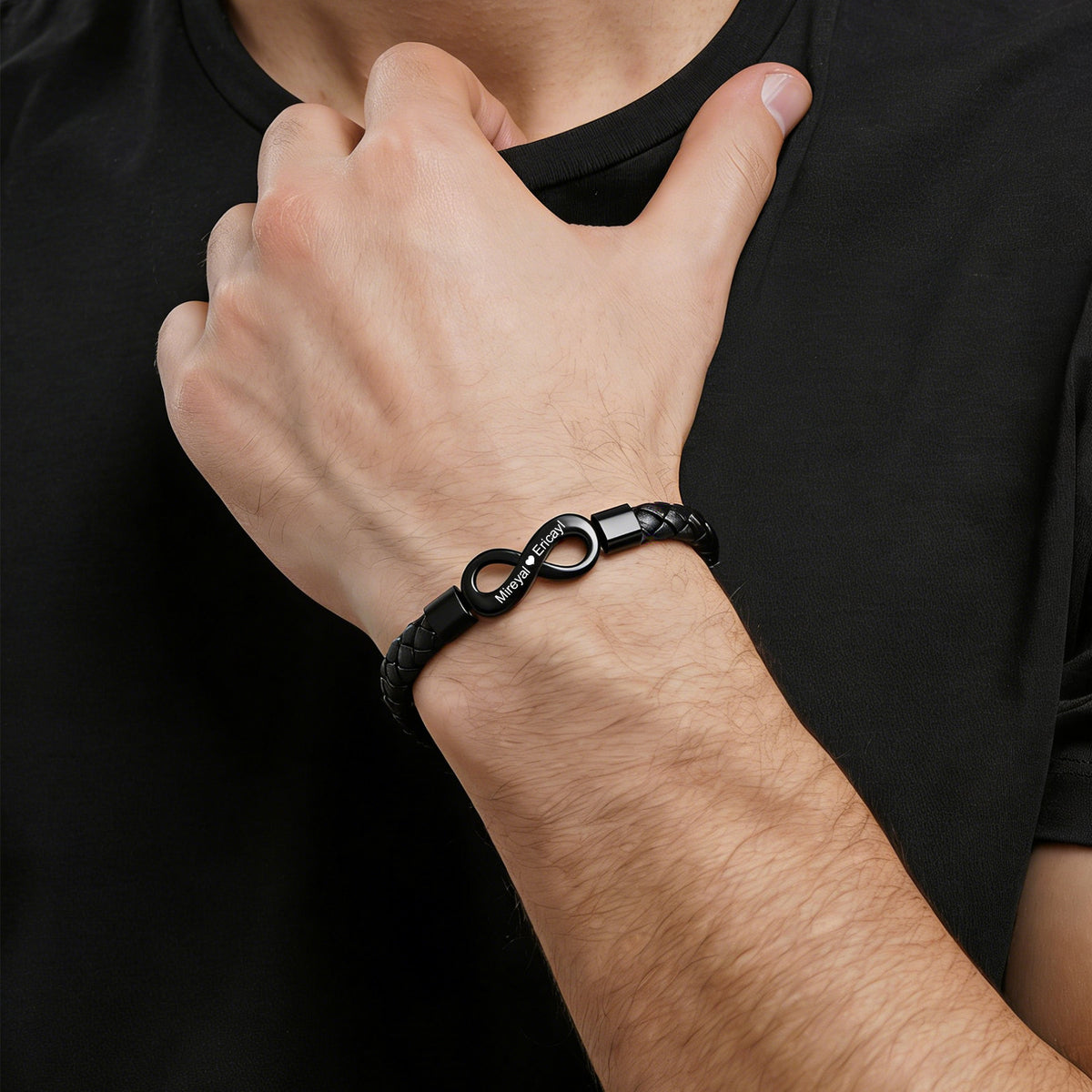 Men's Engraved Black Leather Bracelet