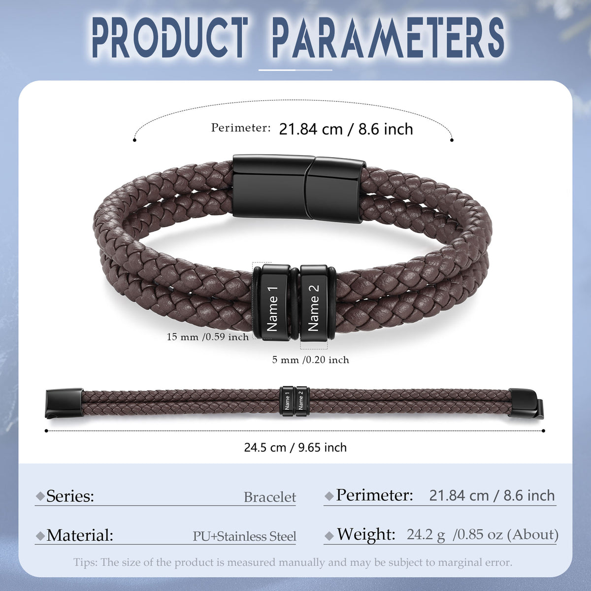 Men's Brown Braided Leather Name Bead Bracelet size and option chart
