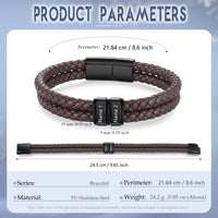 Men's Brown Braided Leather Name Bead Bracelet size and option chart