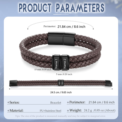 Men's Brown Braided Leather Name Bead Bracelet size and option chart