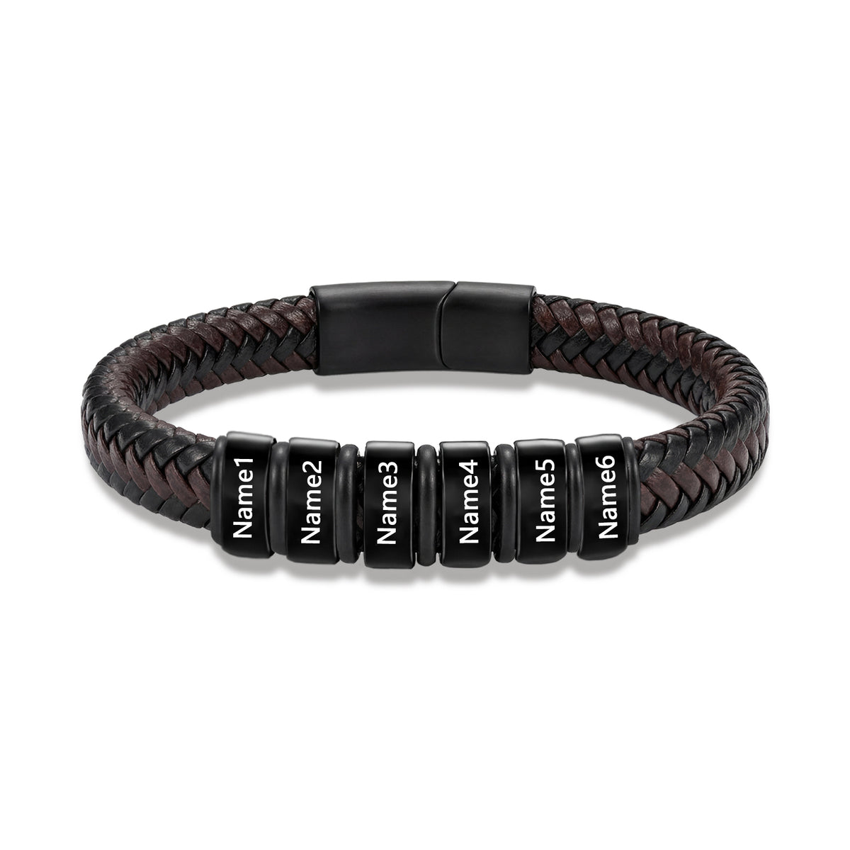 Men's Black Braided Leather Six Name Bracelet