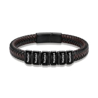 Men's Black Braided Leather Six Name Bracelet