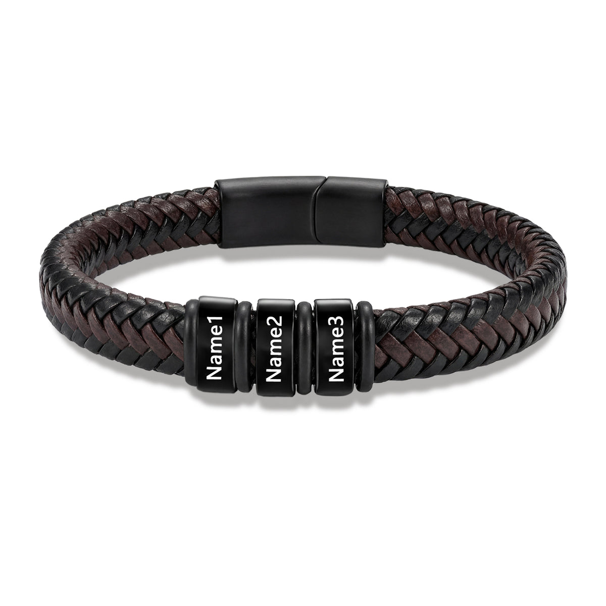Men's Black Braided Leather Six Name Bracelet