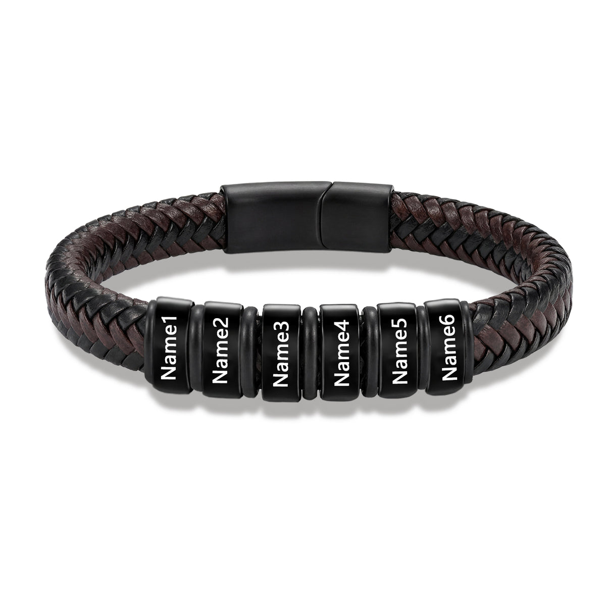 Men's Black Braided Leather Six Name Bracelet