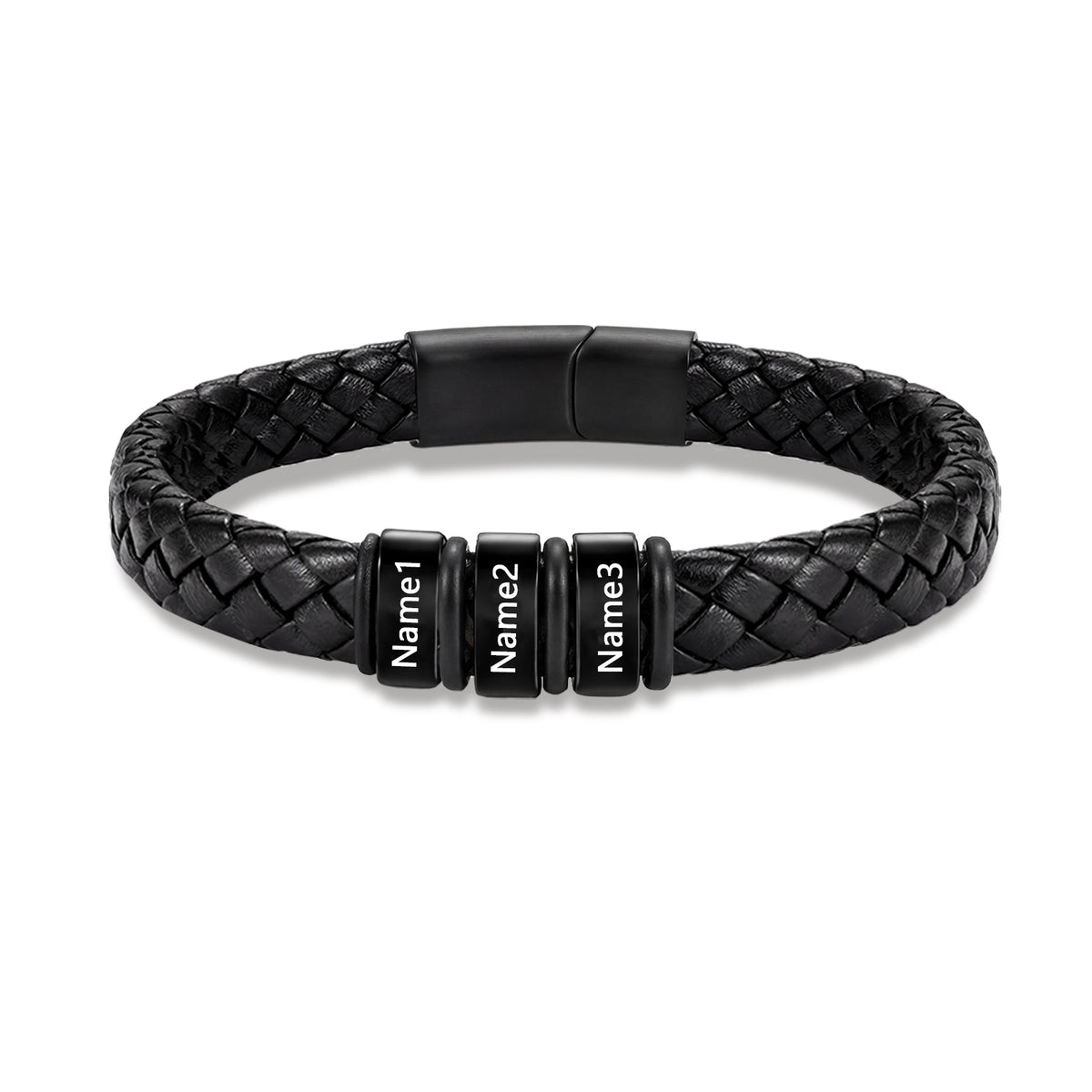 Men's Black Braided Leather Six Name Bracelet