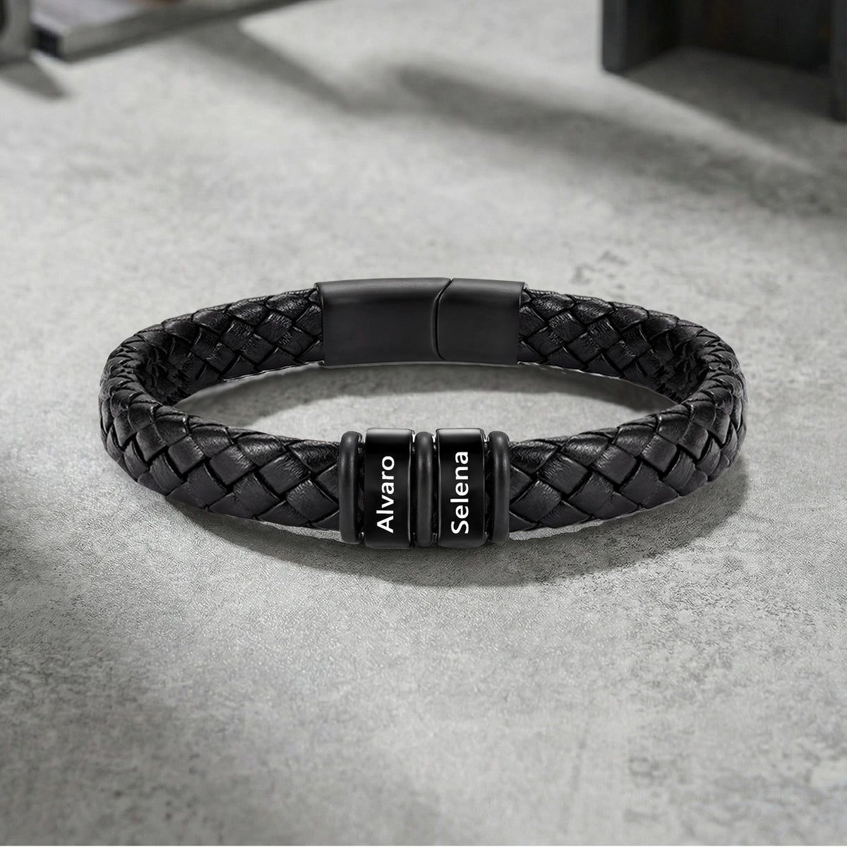 Men's Black Braided Leather Six Name Bracelet