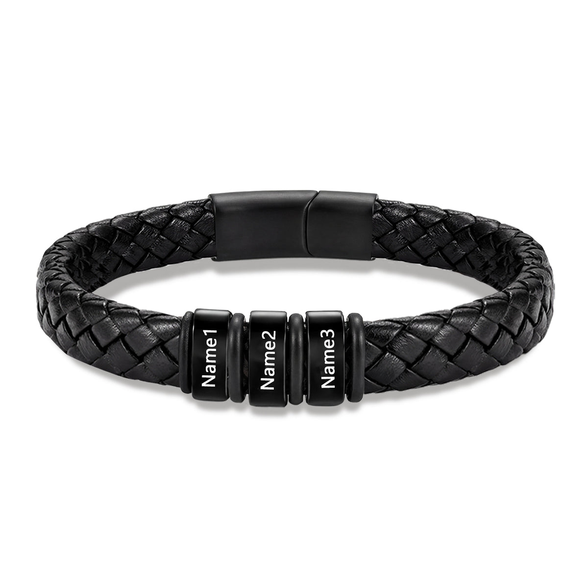 Men's Black Braided Leather Six Name Bracelet