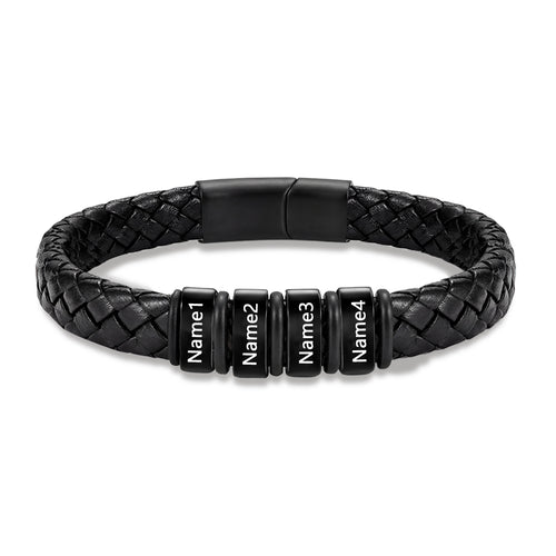 Men's Black Braided Leather Six Name Bracelet