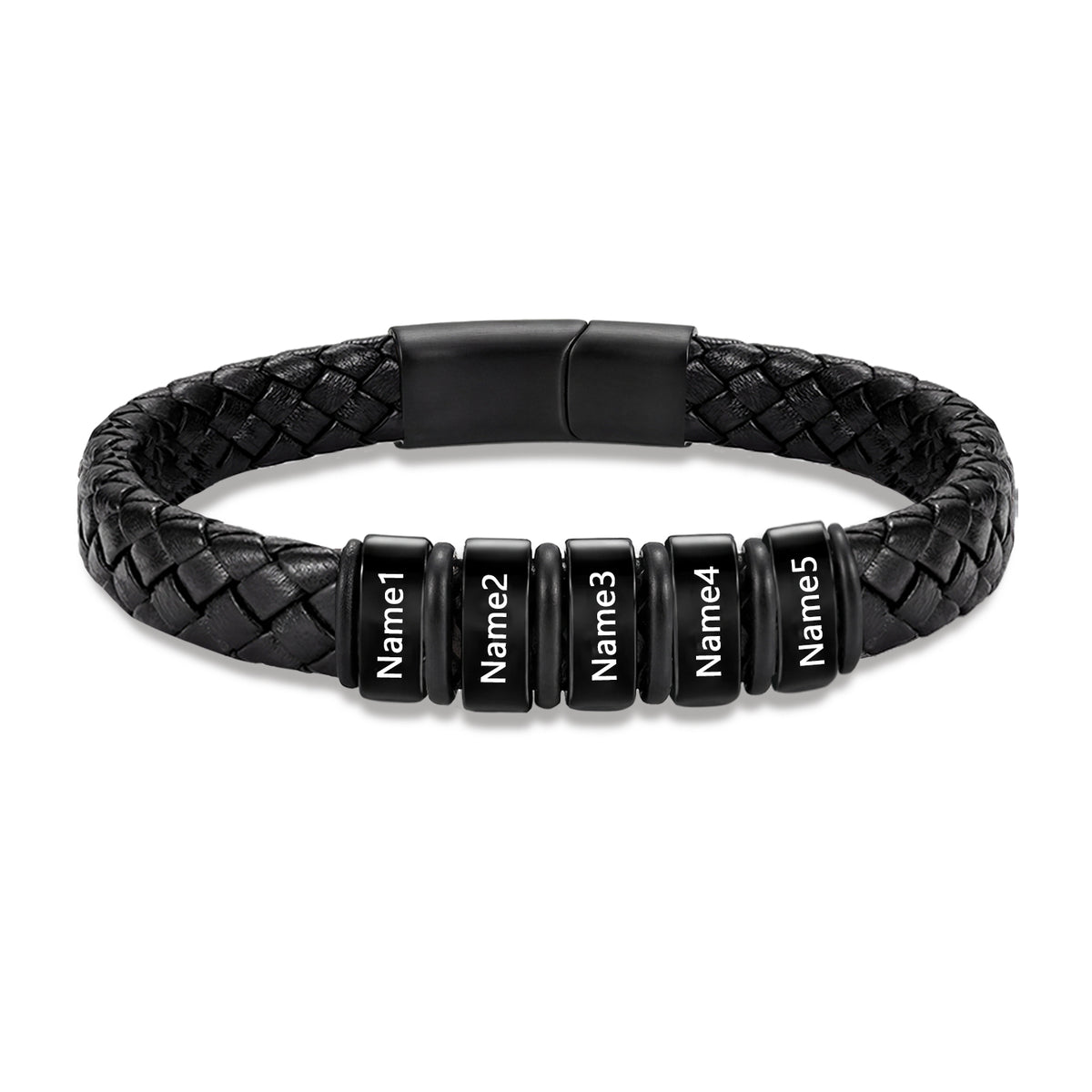 Men's Black Braided Leather Six Name Bracelet