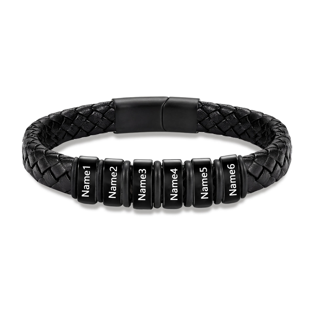 Men's Black Braided Leather Six Name Bracelet