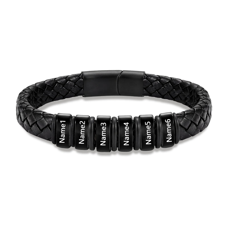 Men's Black Braided Leather Six Name Bracelet