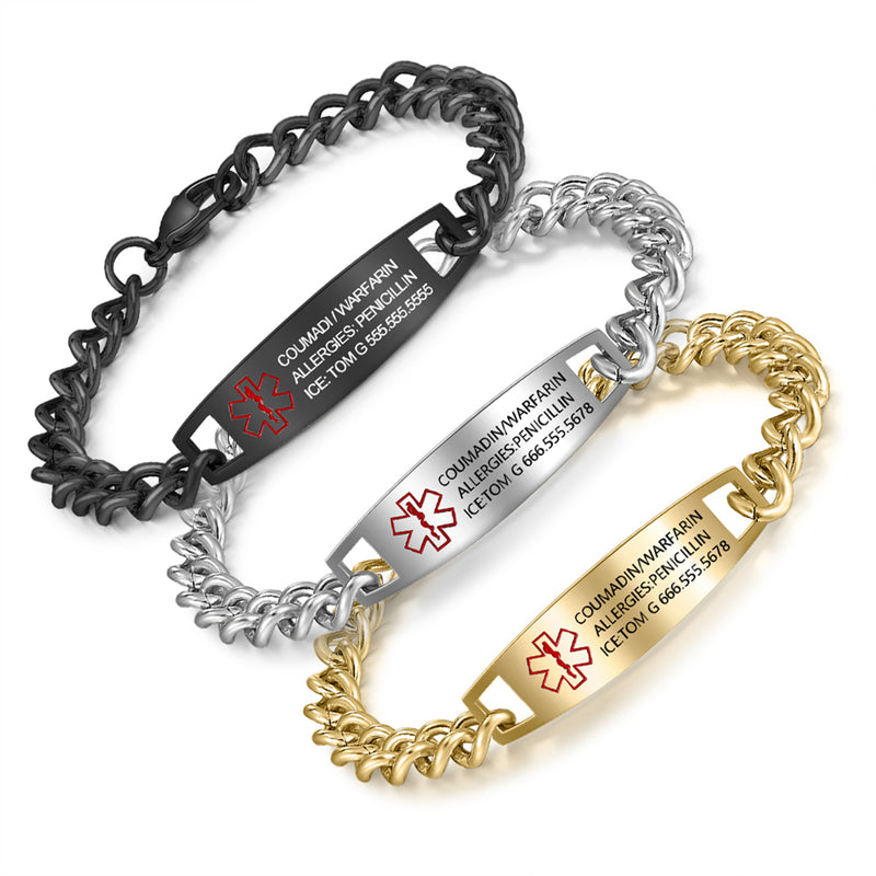 Engraved Medical ID Bracelet, Steel or Gold