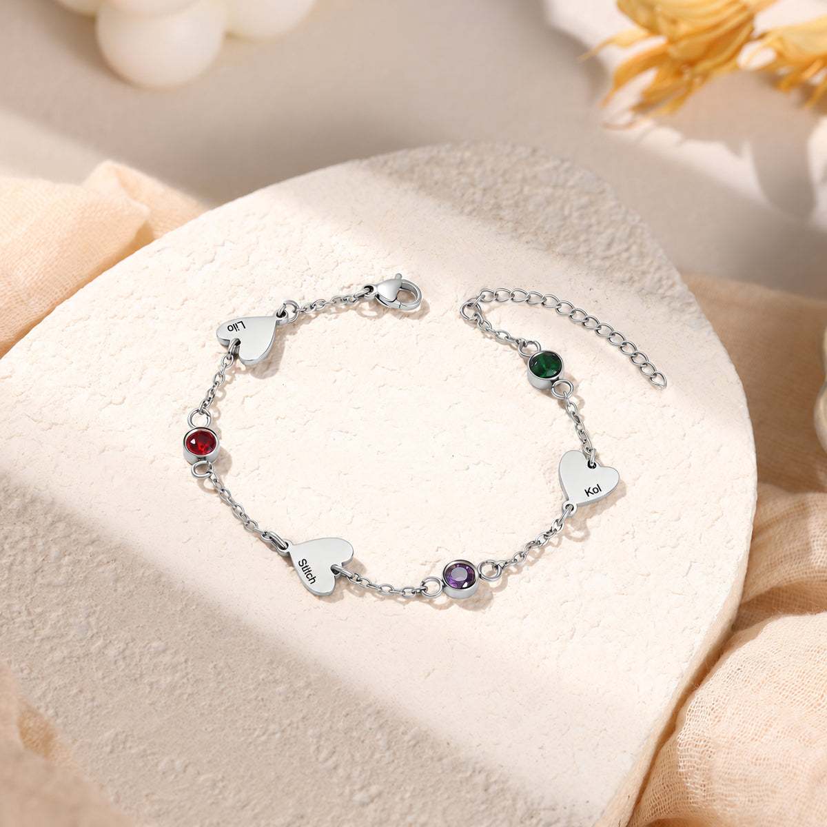 Heart Birthstone Engraved Name Bracelet