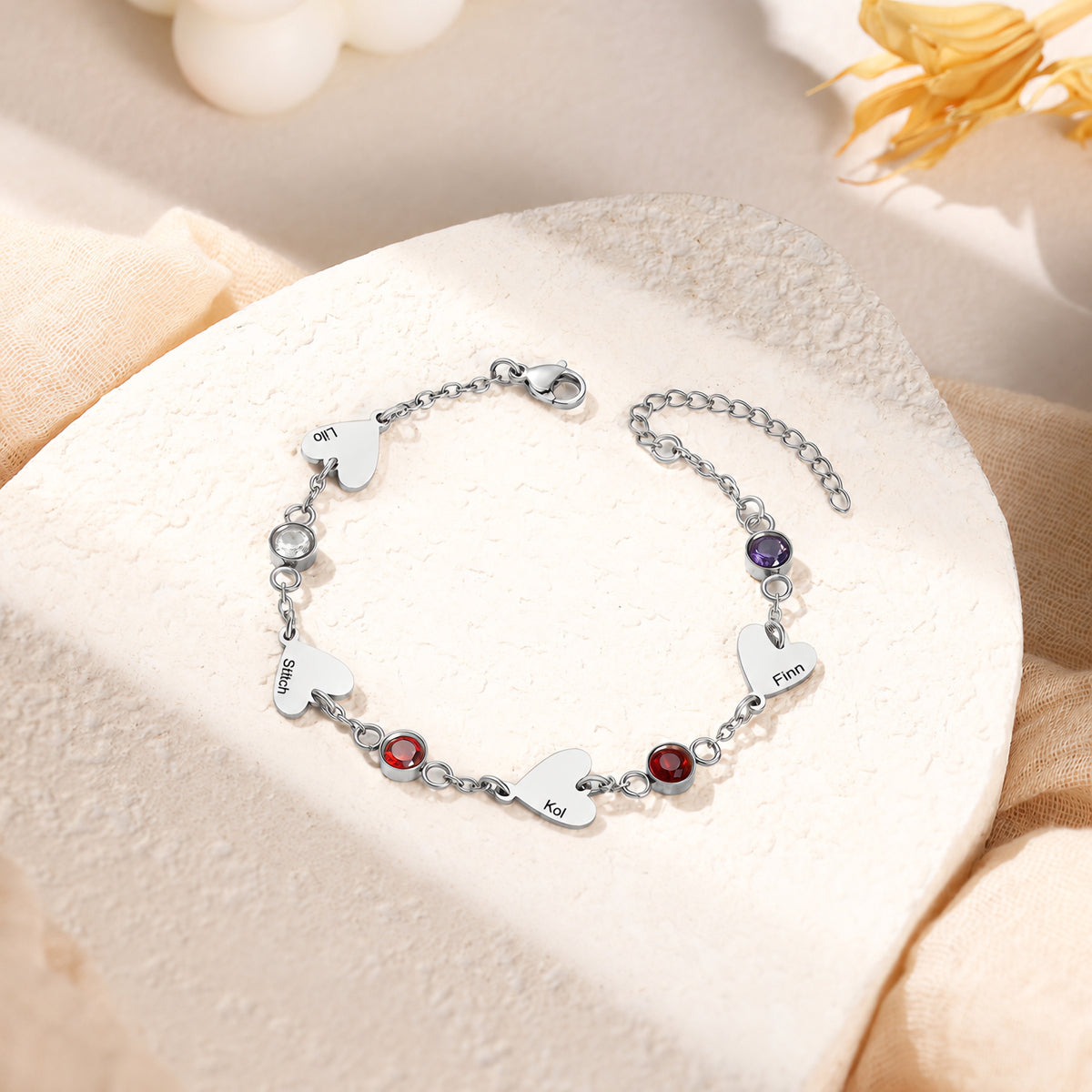 Heart Birthstone Engraved Name Bracelet