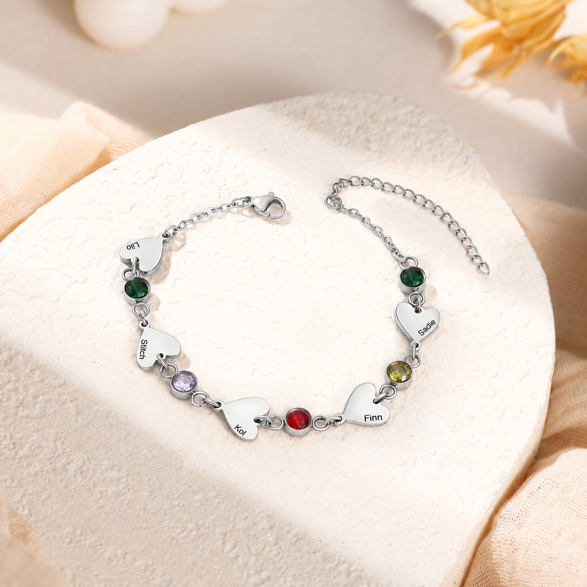 Heart Birthstone Engraved Name Bracelet