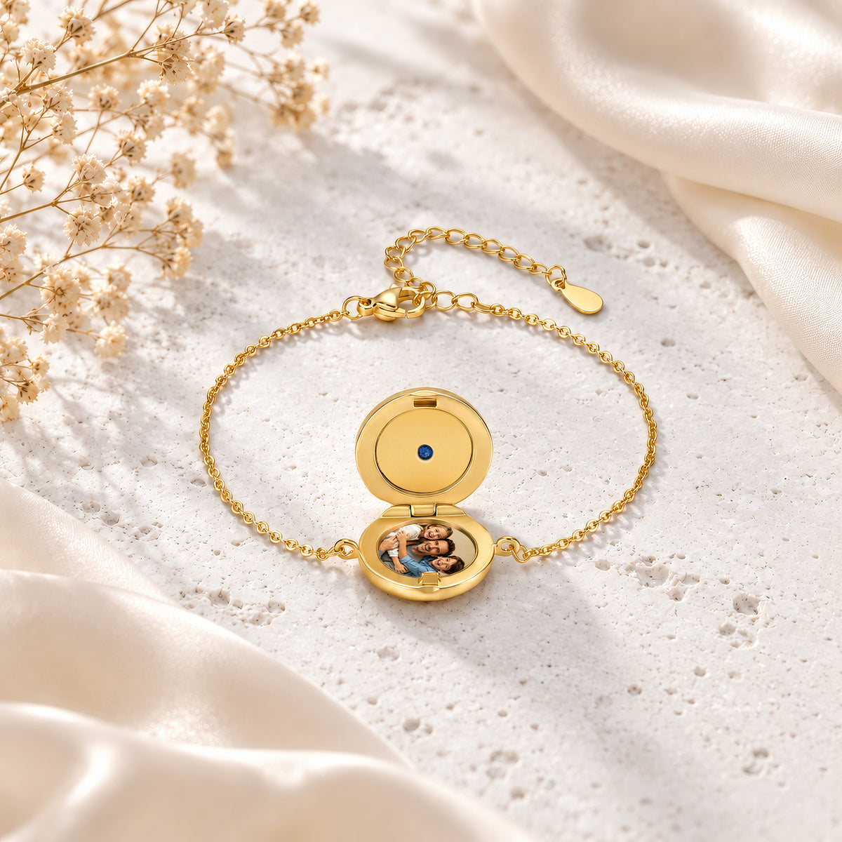 Round Photo Locket Birthstone Bracelet