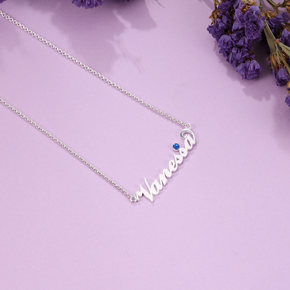 Script Name Necklace with Birthstone