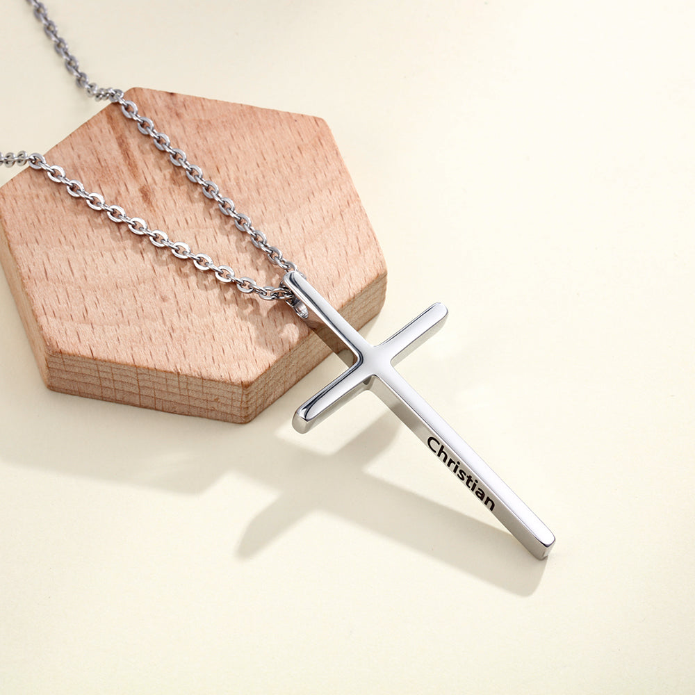 Engraved Stainless Steel Cross Necklace