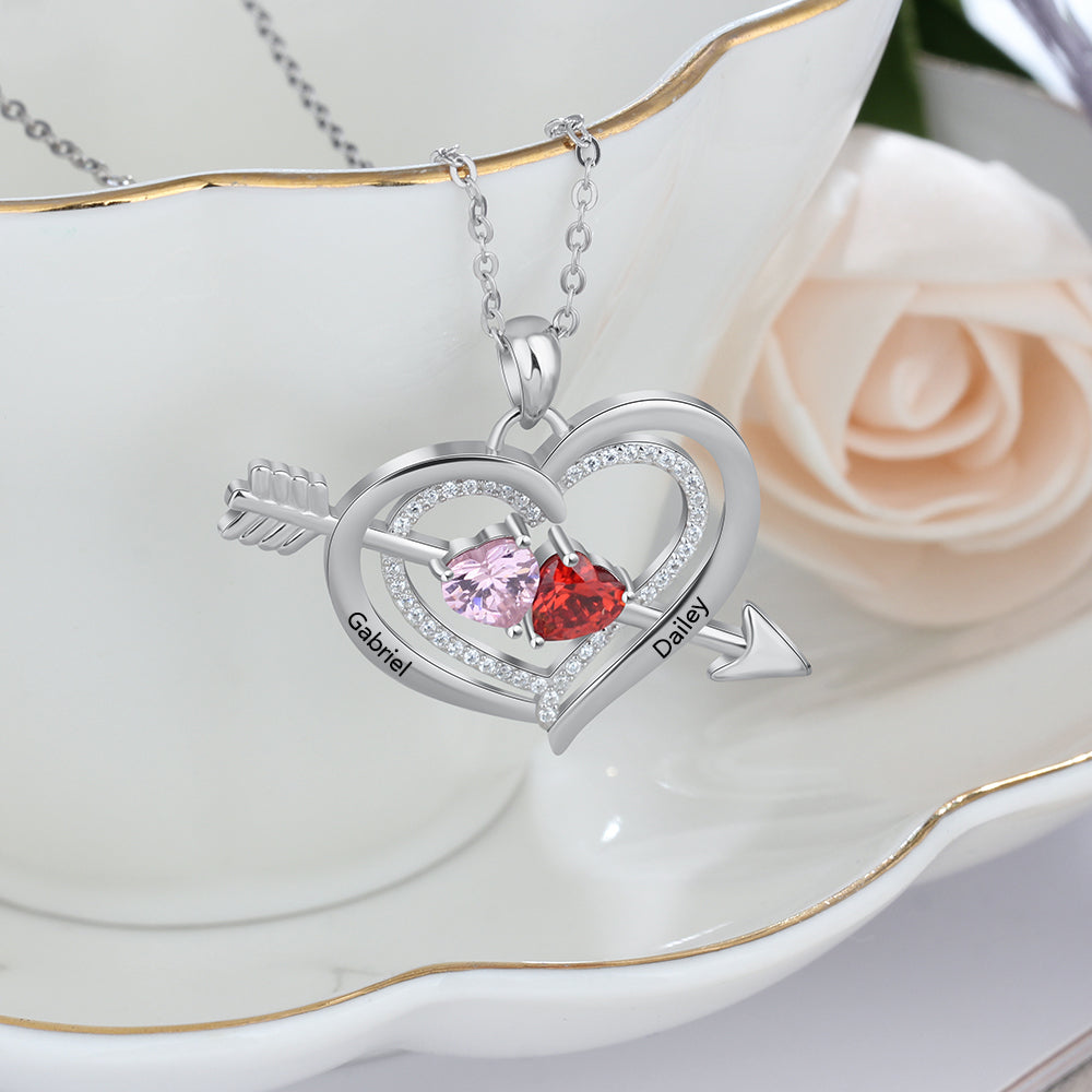 925 Silver Personalized Names Arrow and Heart Necklace with Heart Birthstones