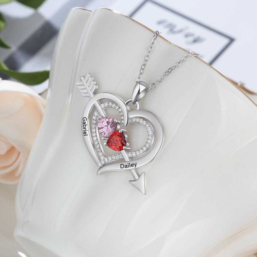 925 Silver Personalized Names Arrow and Heart Necklace with Heart Birthstones