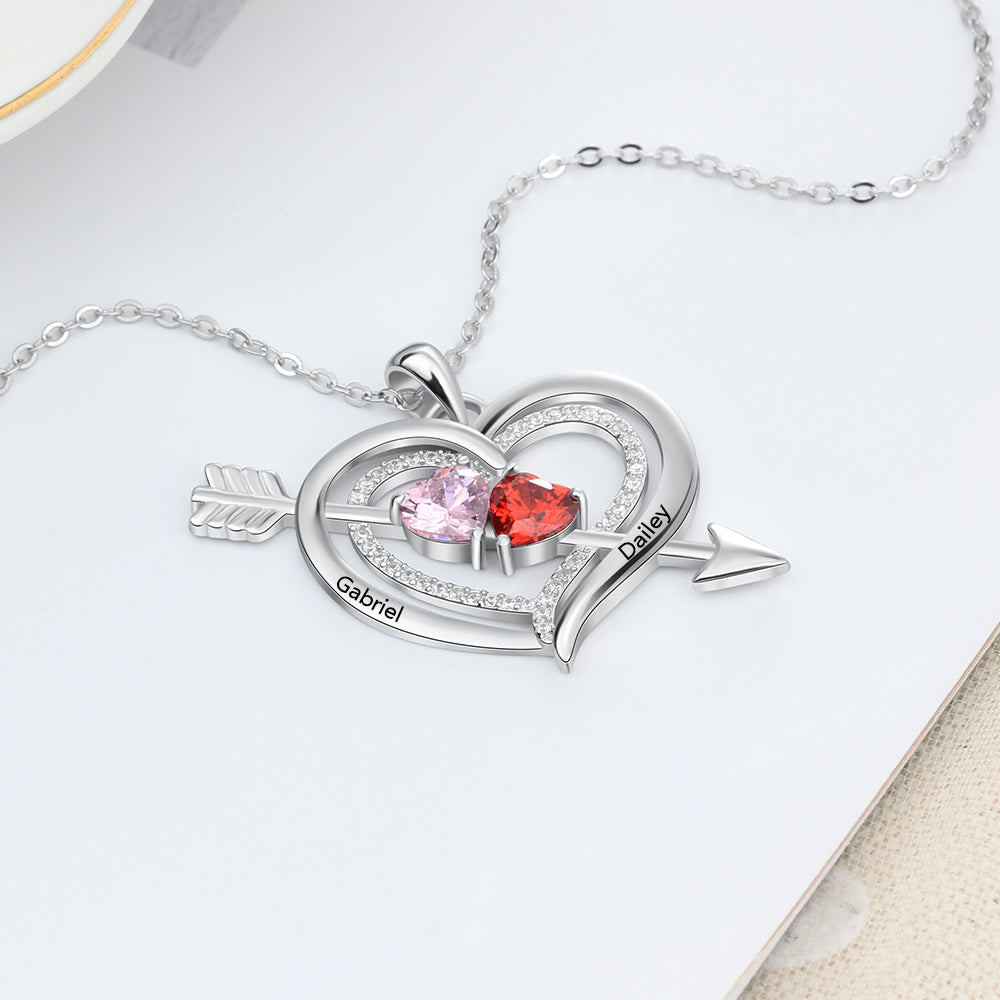925 Silver Personalized Names Arrow and Heart Necklace with Heart Birthstones