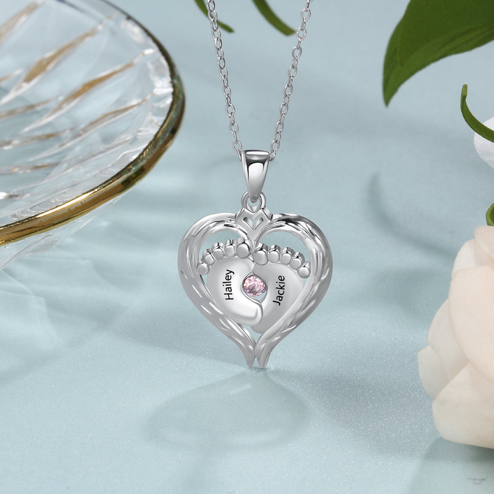 Sterling Silver Baby Feet Heart Name Necklace